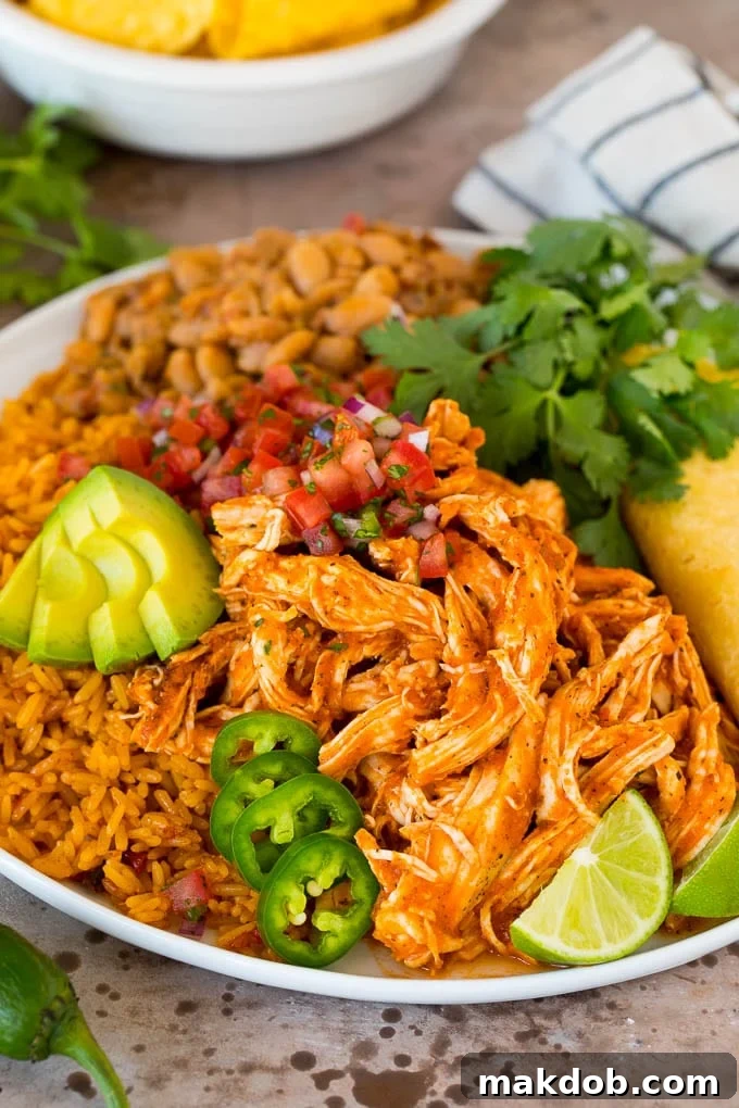 This chicken tinga is a classic dish made with shredded chicken that's simmered in a smoky and savory sauce. Chicken tinga served with rice, beans, avocado and salsa.
