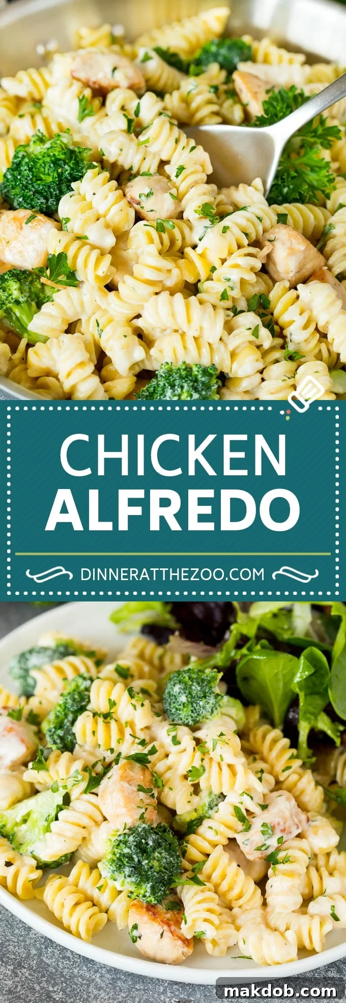 A stunning overhead shot of chicken broccoli alfredo pasta generously piled in a serving bowl, garnished with fresh parsley.