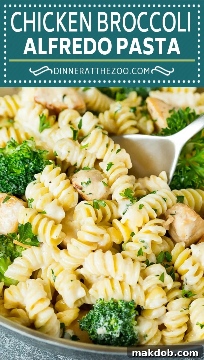 Close-up shot of a single serving of chicken broccoli alfredo pasta, highlighting the creamy sauce and tender ingredients.