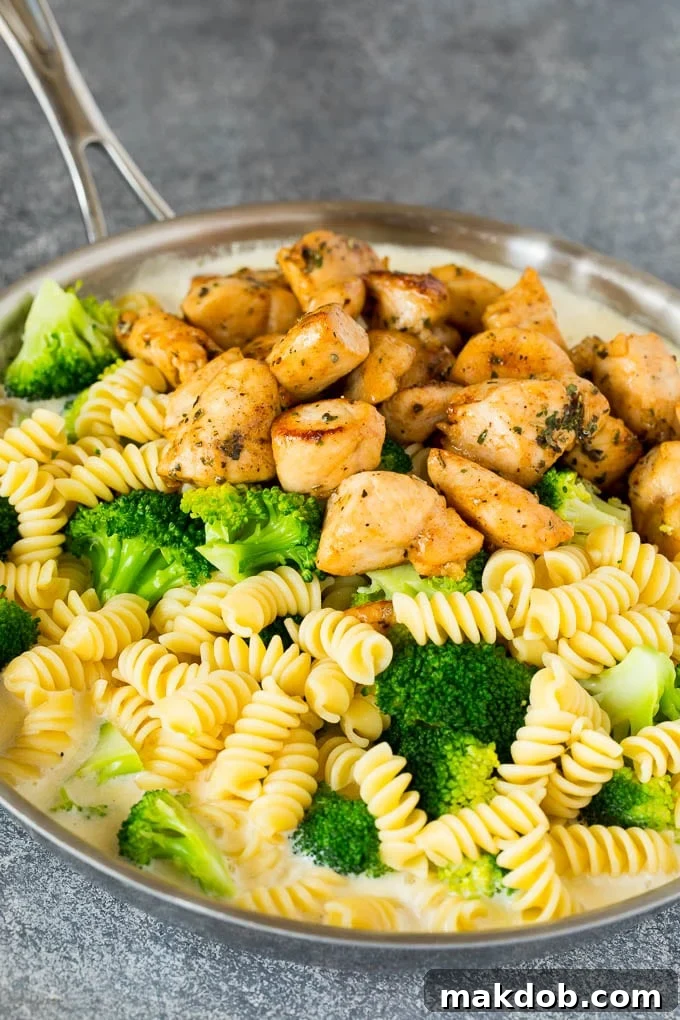 A large skillet brimming with golden-brown chicken pieces, vibrant green broccoli florets, and cooked pasta, all swimming in a rich, creamy Alfredo sauce.