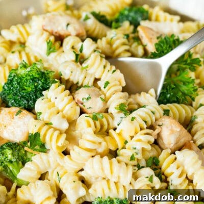 A pan of chicken broccoli Alfredo pasta with a serving spoon in it.