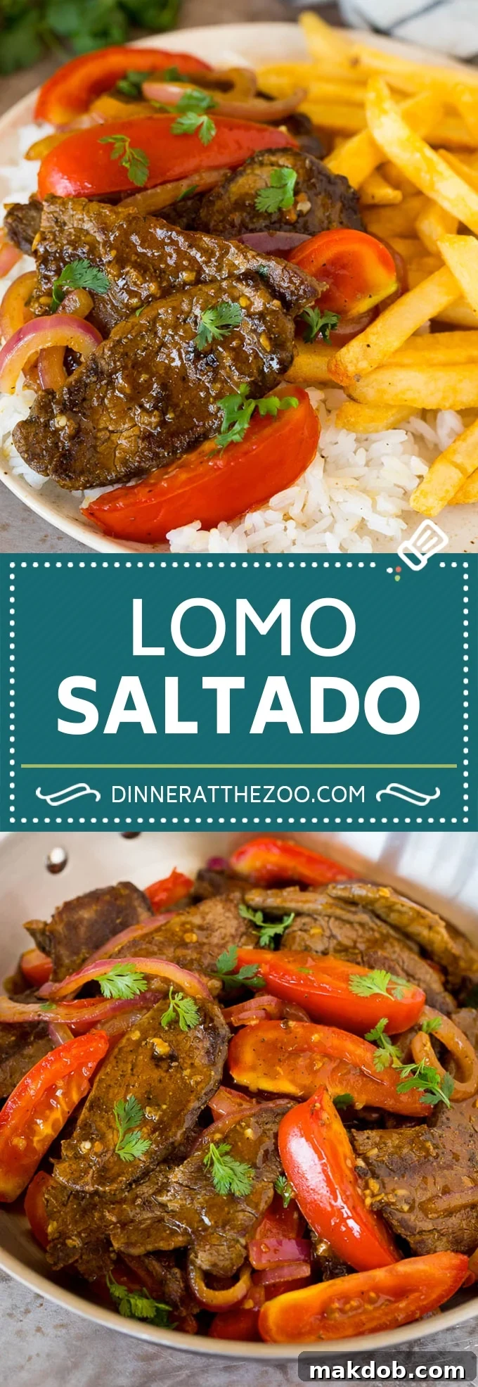 This lomo saltado is a classic Peruvian dish of tender beef that's stir fried with tomatoes and onions in a savory sauce, then served with french fries and steamed rice.