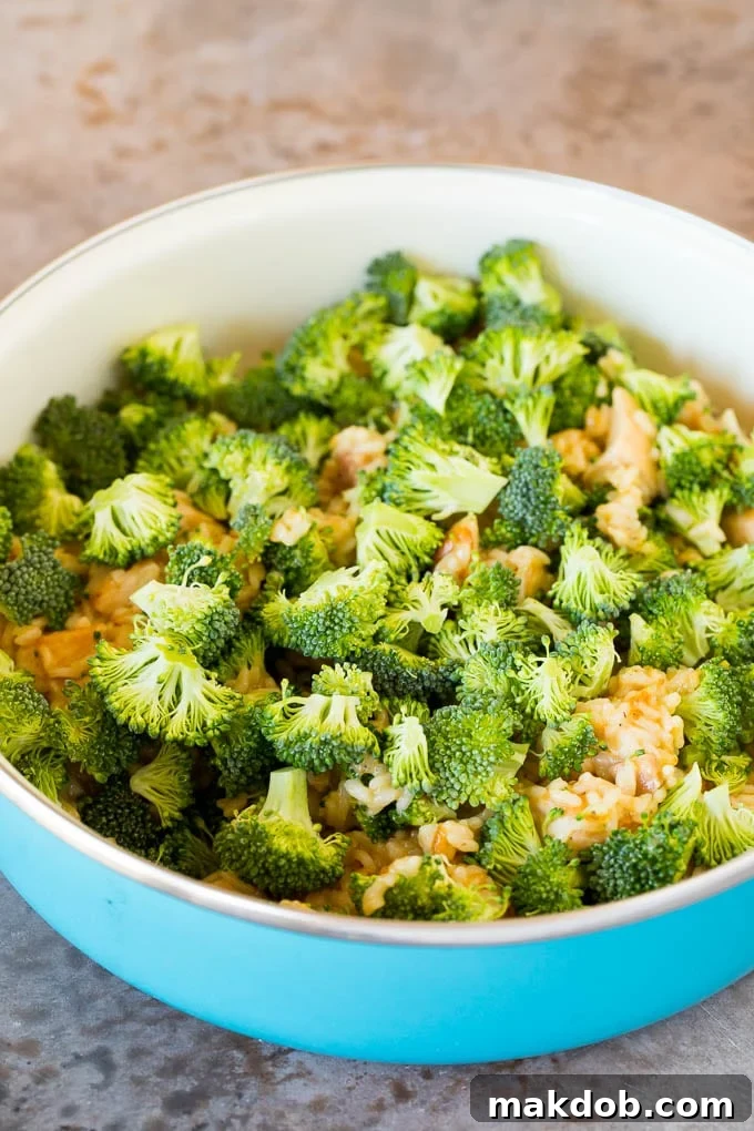 Chopped broccoli on top of chicken and rice.