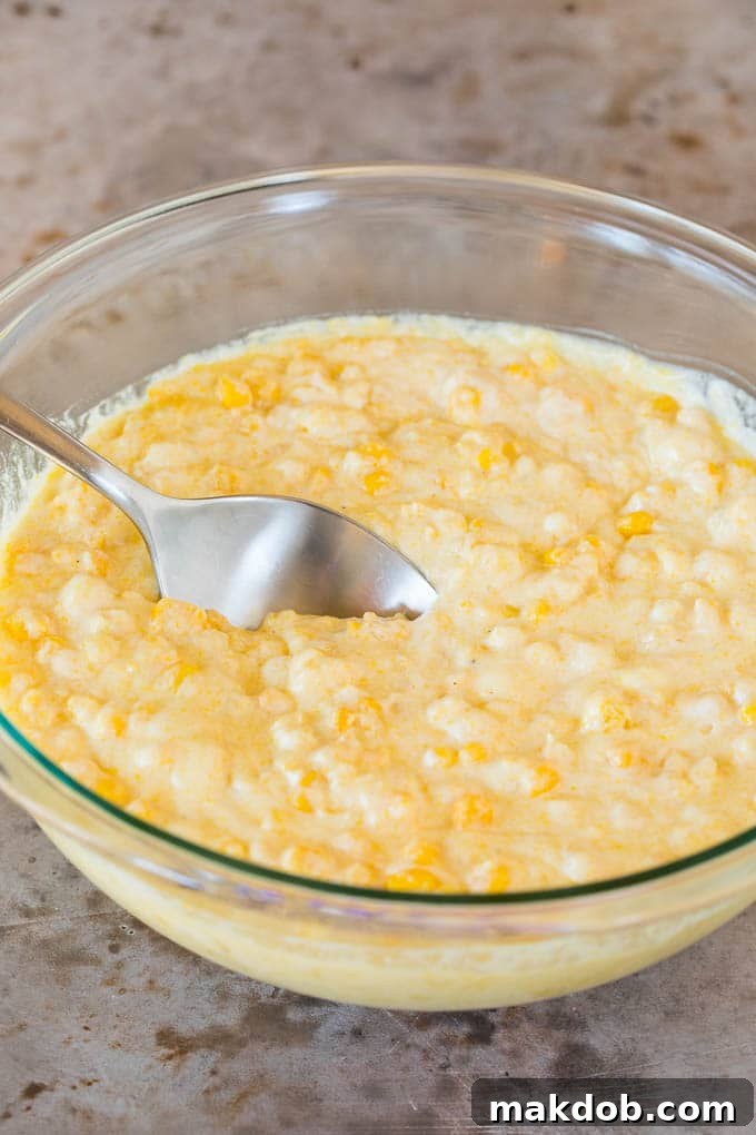 Cornbread batter in a mixing bowl.