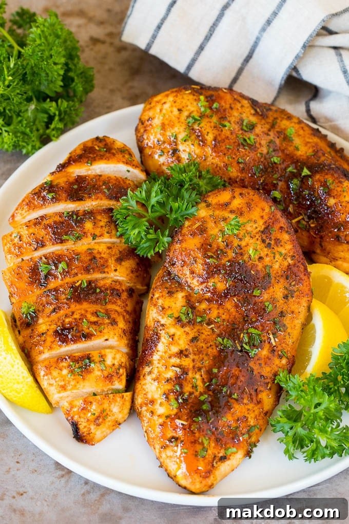 This air fryer chicken breast recipe consists of chicken coated in herbs and spices, then cooked to golden brown perfection. Air fryer chicken breast on a plate with lemon and parsley for garnish.