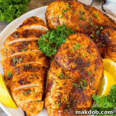 Tender Air Fryer Chicken Breasts 2 Air fryer chicken breast on a plate with lemon and parsley for garnish.