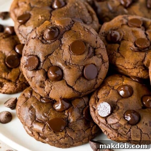 A plate filled with rich chocolate fudge cookies topped with extra chocolate chips.