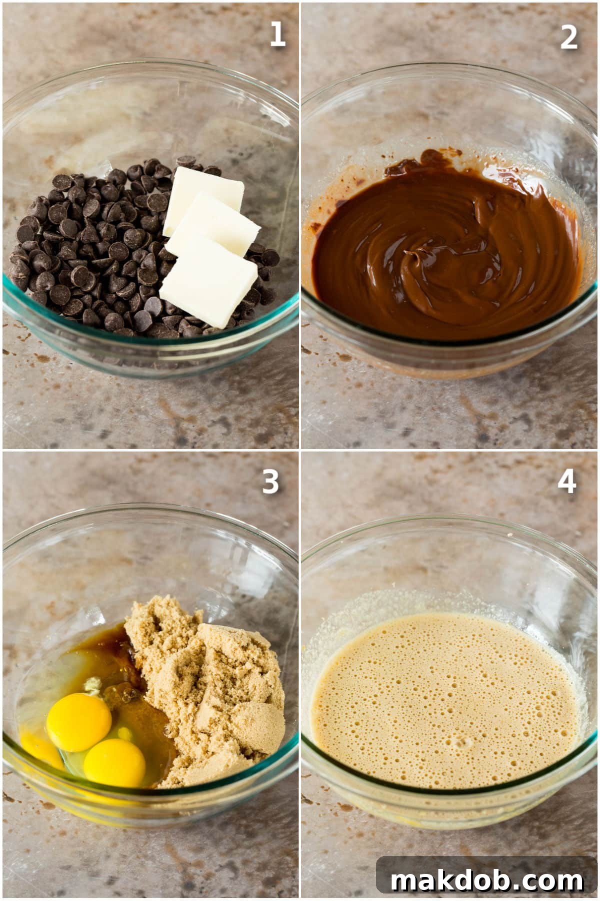 A collage showing the preparation of chocolate cookie batter, from mixing ingredients to forming the rich, dark dough.