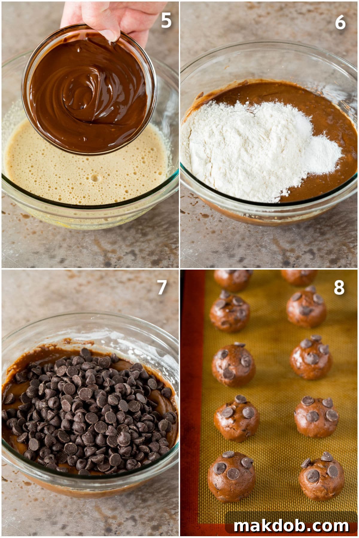 A visual guide depicting cookie dough being combined, then portioned and rolled into perfect balls before baking.