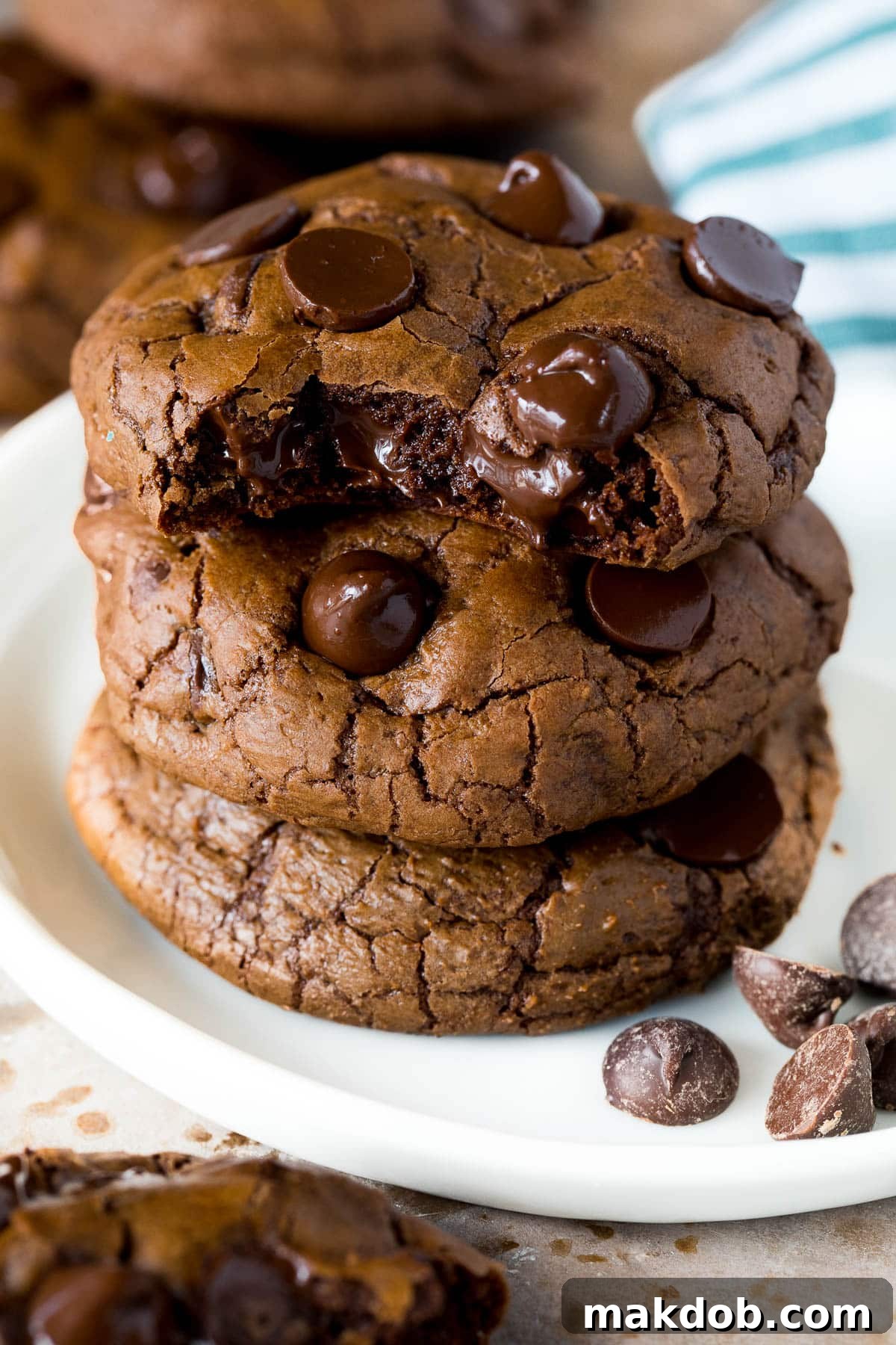 A delectable stack of rich chocolate fudge cookies, invitingly arranged on a plate, showcasing their perfect texture and chocolatey appeal.