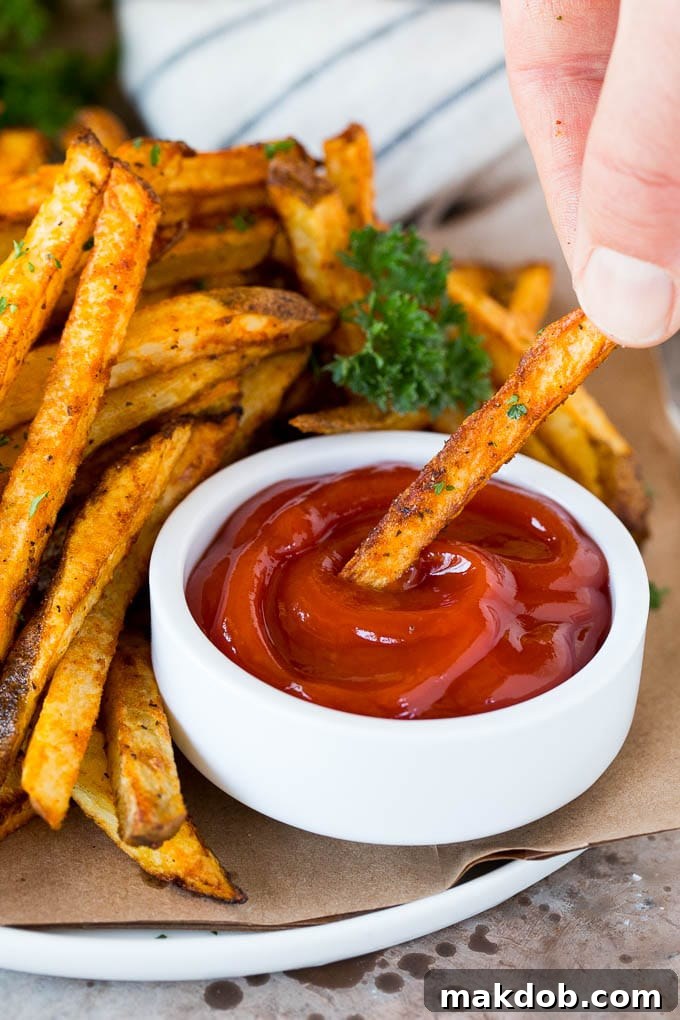 A hand dipping air fryer french fries into ketchup. A hand dipping a crispy air fryer french fry into a bowl of ketchup.