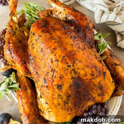 Turkey marinade over a cooked turkey, garnished with herbs and grapes.