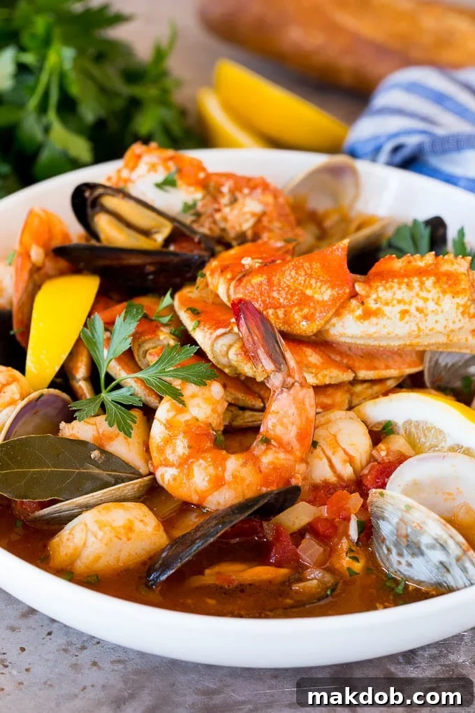 A large bowl of cioppino with crab, shrimp and shellfish.
