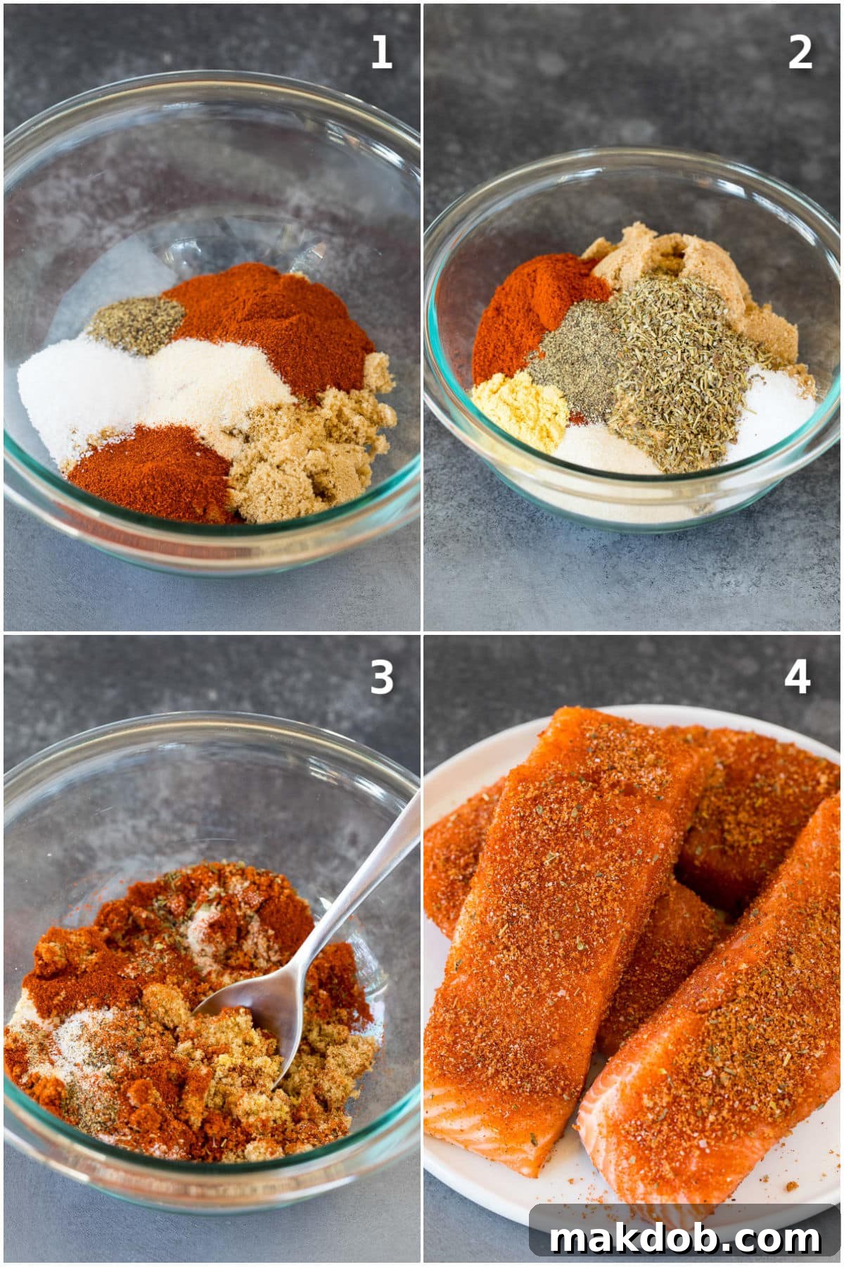 Signature Salmon Seasoning Blend 4 Step by step process shots showing how to make salmon seasoning.