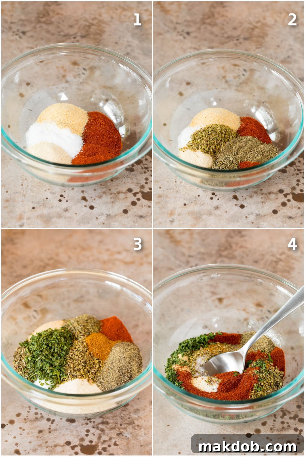 Step-by-step images showing the process of mixing spices to create homemade Creole seasoning.