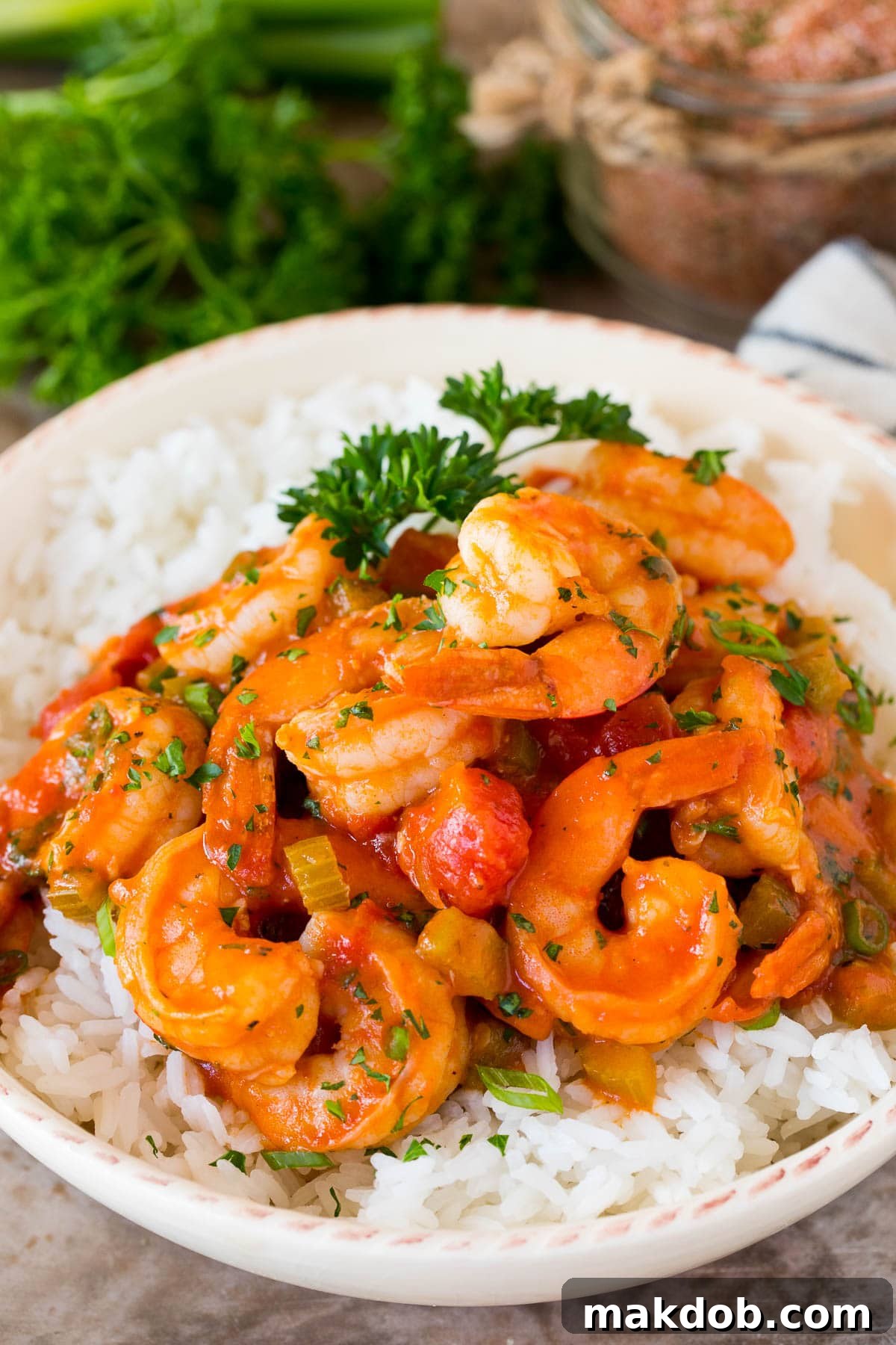 A delicious Creole dish featuring seasoned shrimp and vegetables served with rice, demonstrating the versatile use of the seasoning.