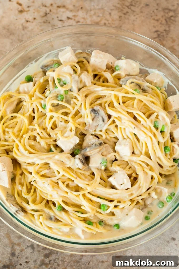 This turkey tetrazzini contains diced turkey, mushrooms and peas, all tossed with pasta in a creamy sauce, then baked to perfection. A mixing bowl of pasta, peas and turkey, all tossed in a creamy sauce, ready to be transferred to a baking dish.