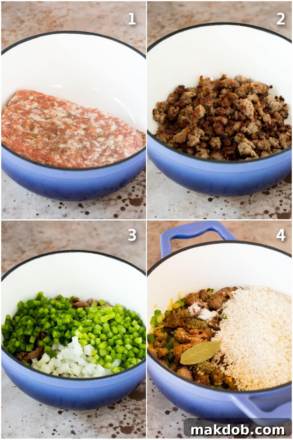Savory Cajun Dirty Rice 4 Step by step shots of sausage and vegetables being cooked in a pot.