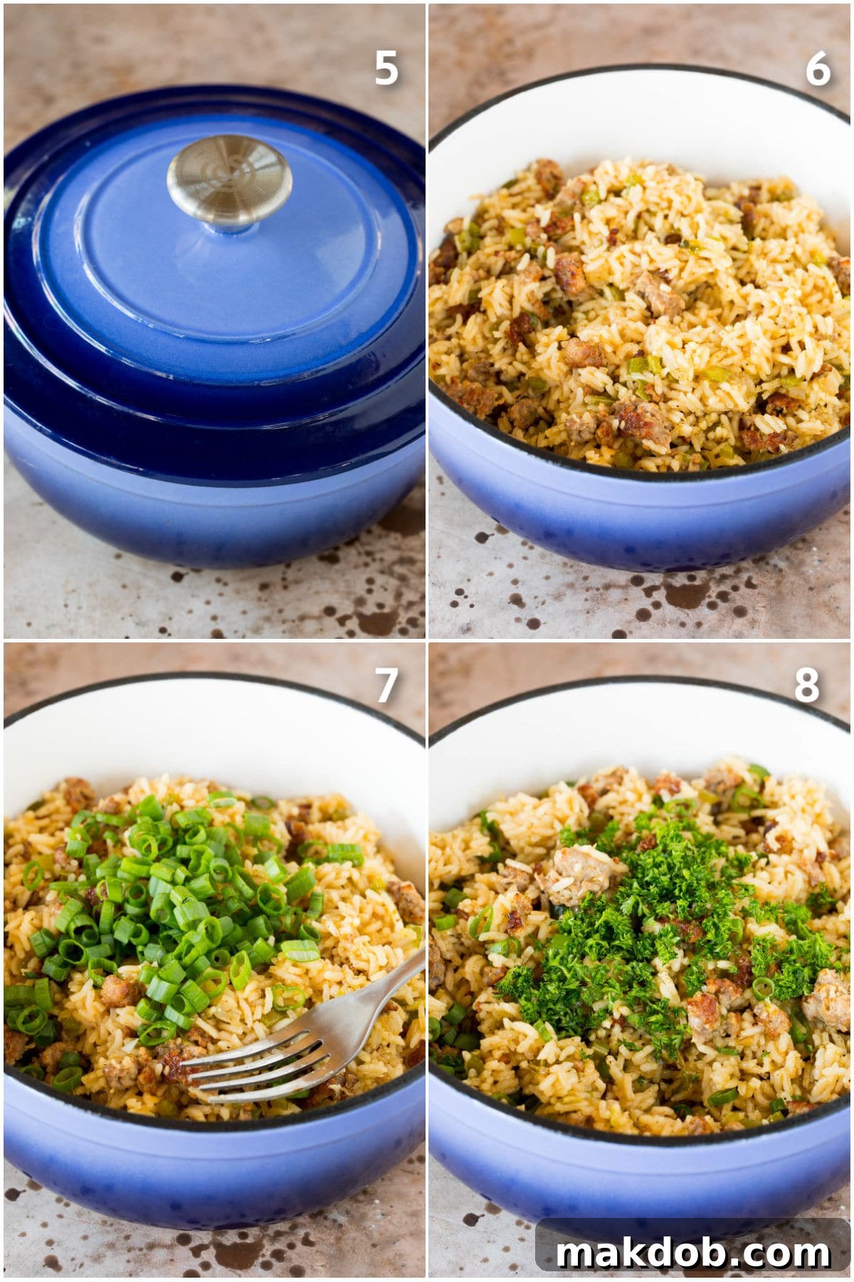Process shots showing a pot of rice, uncovered, then fluffed with a fork and an herb garnish.