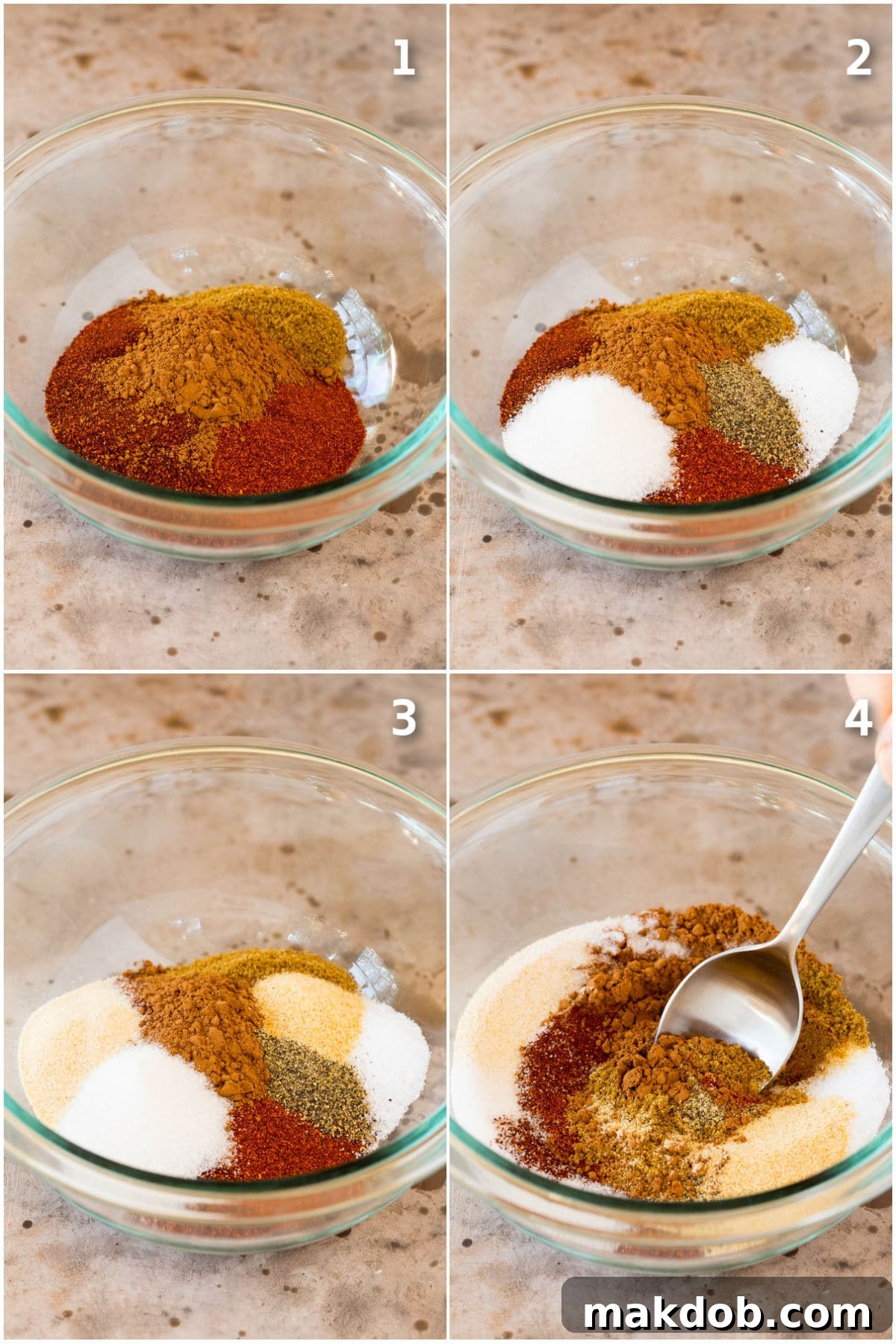 Step by step photos of spices being added to a bowl, showing the process of making chili seasoning.