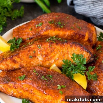 A plate of air fryer salmon fillets garnished with lemon and herbs.
