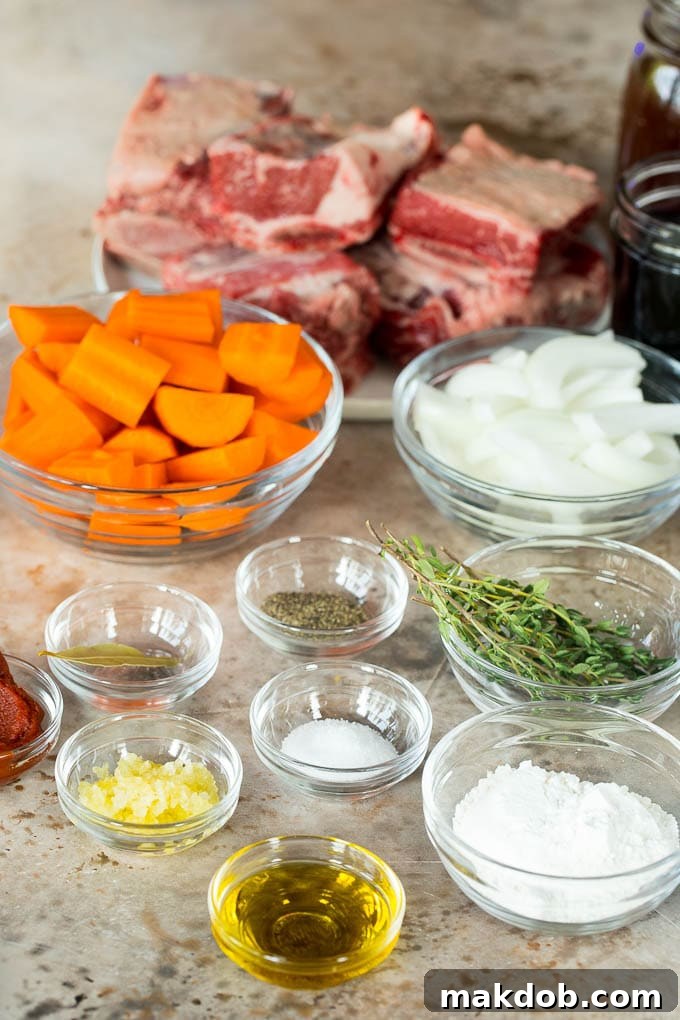 Fall-Off-The-Bone Slow Cooker Short Ribs 3 Bowls of ingredients including vegetables and seasonings, and a plate of short ribs.