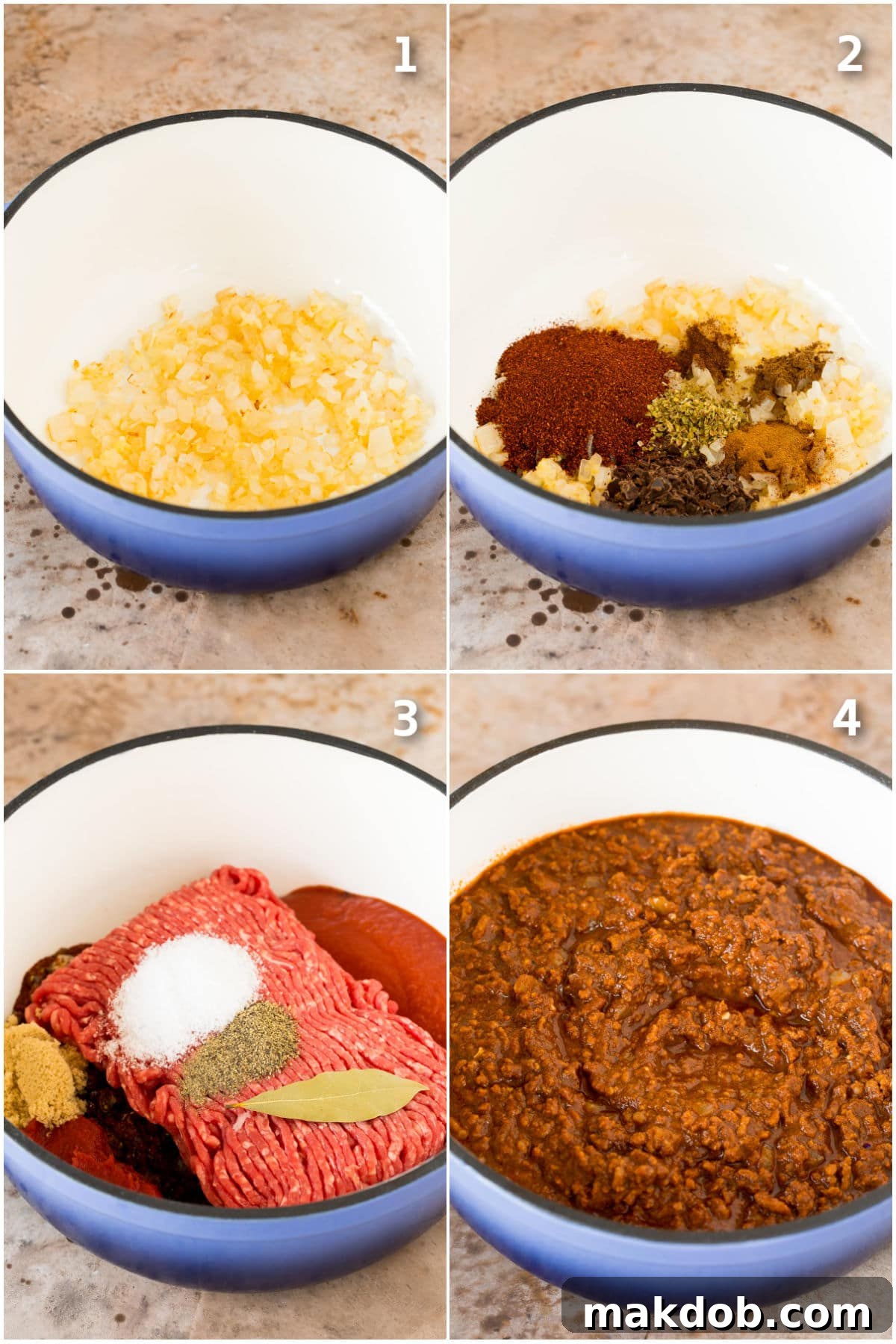 A visual guide showing the step-by-step process of preparing Cincinnati chili, from cooking vegetables to combining meat with spices and tomatoes.