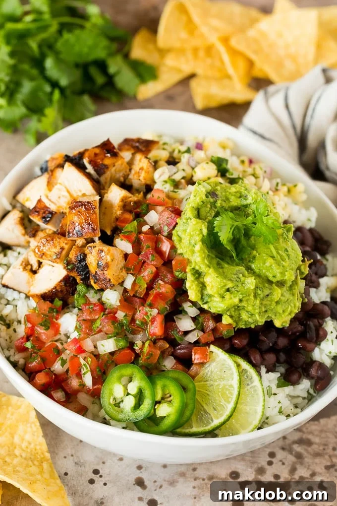 Classic Pico de Gallo Recipe 6 A burrito bowl with chicken, beans, rice and salsa fresca.