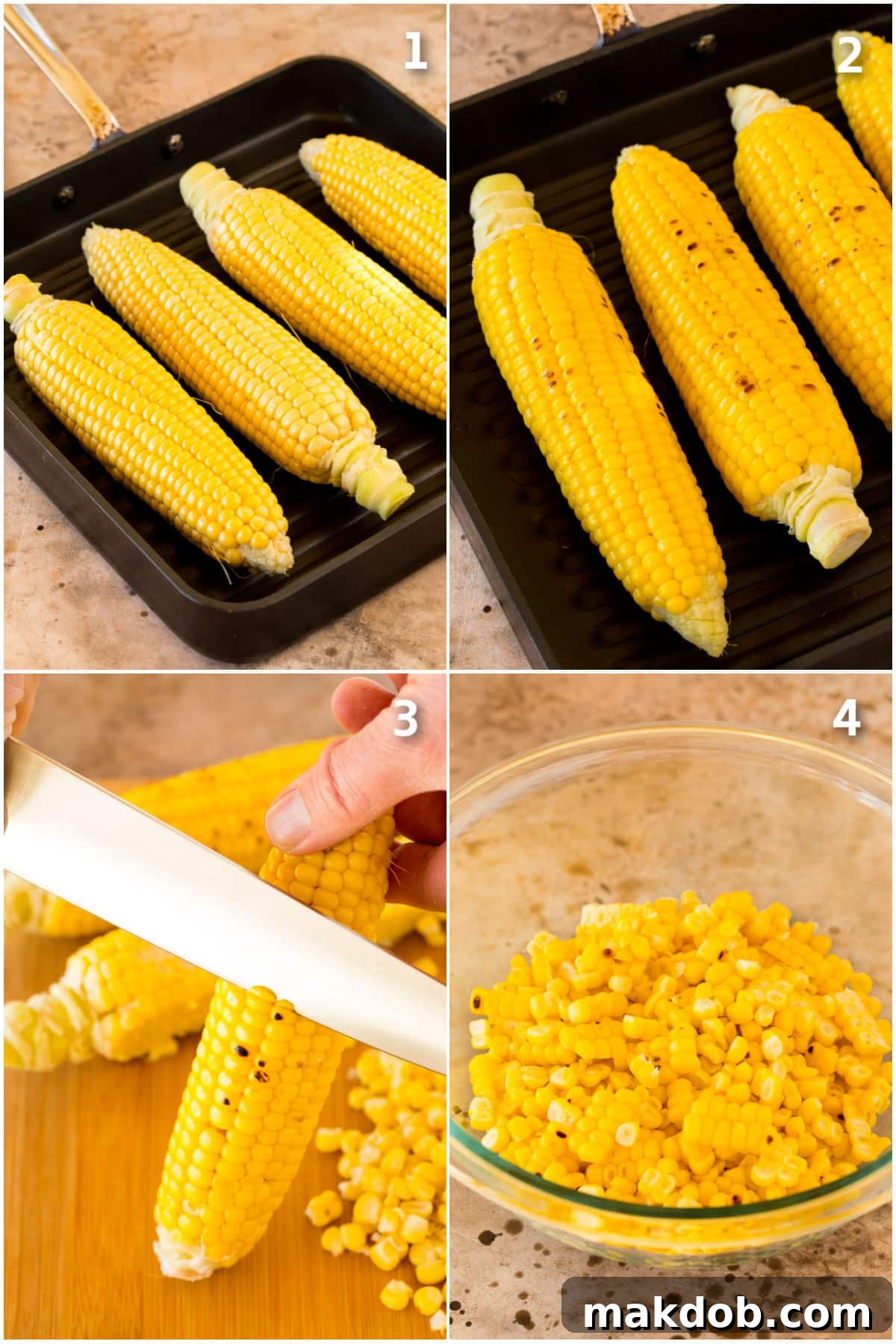 A collage of step-by-step photos showing how to grill corn on the cob and then carefully cut the kernels off.