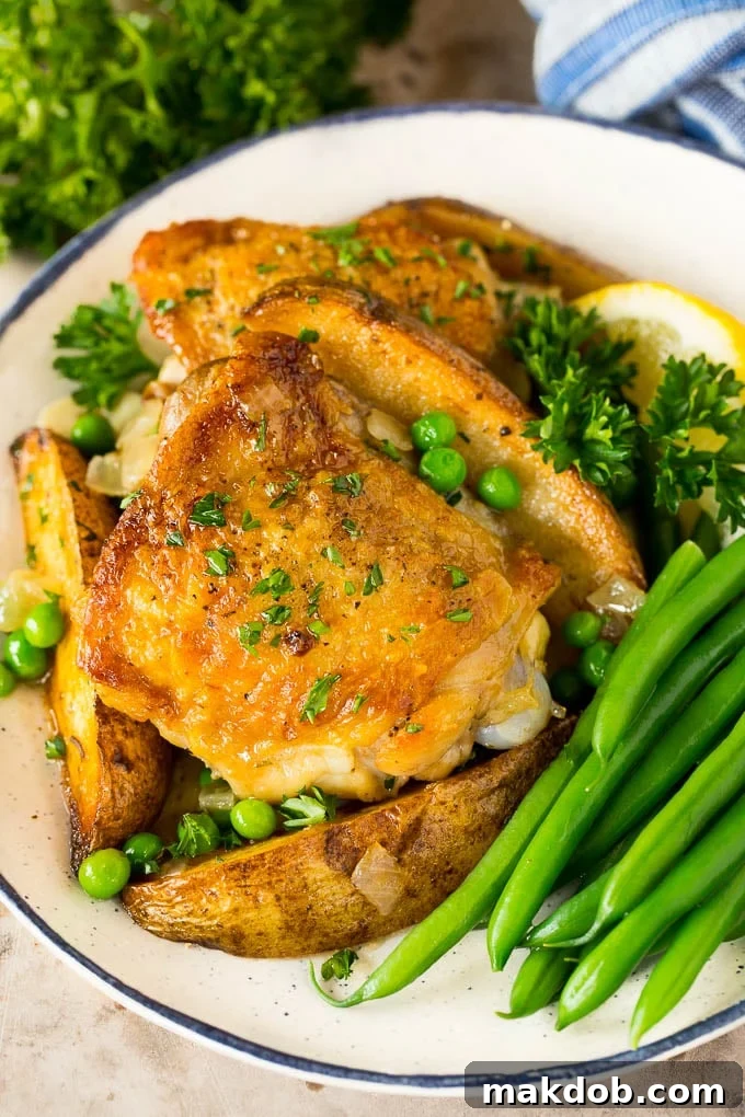 A plate of chicken Vesuvio served with a side of green beans and garnished with fresh herbs.