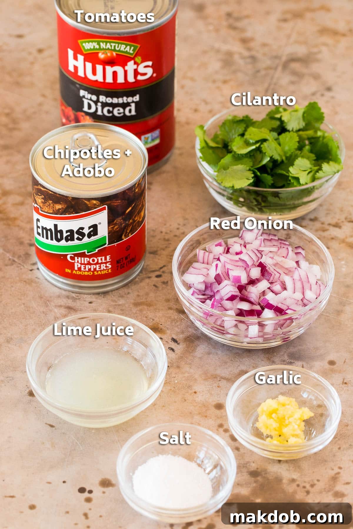 A selection of fresh ingredients for chipotle salsa including canned fire-roasted tomatoes, red onion, garlic cloves, fresh cilantro, and a can of chipotle peppers in adobo sauce.