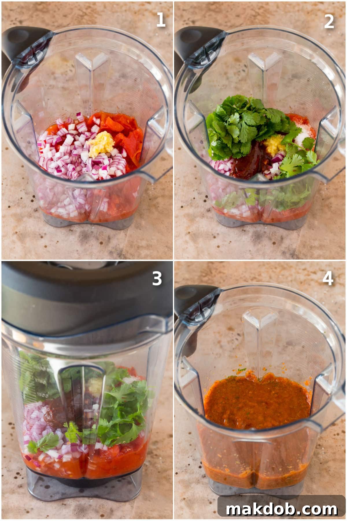 Step-by-step images showcasing the process of blending ingredients to make chipotle salsa, from individual components to the final blended mixture.