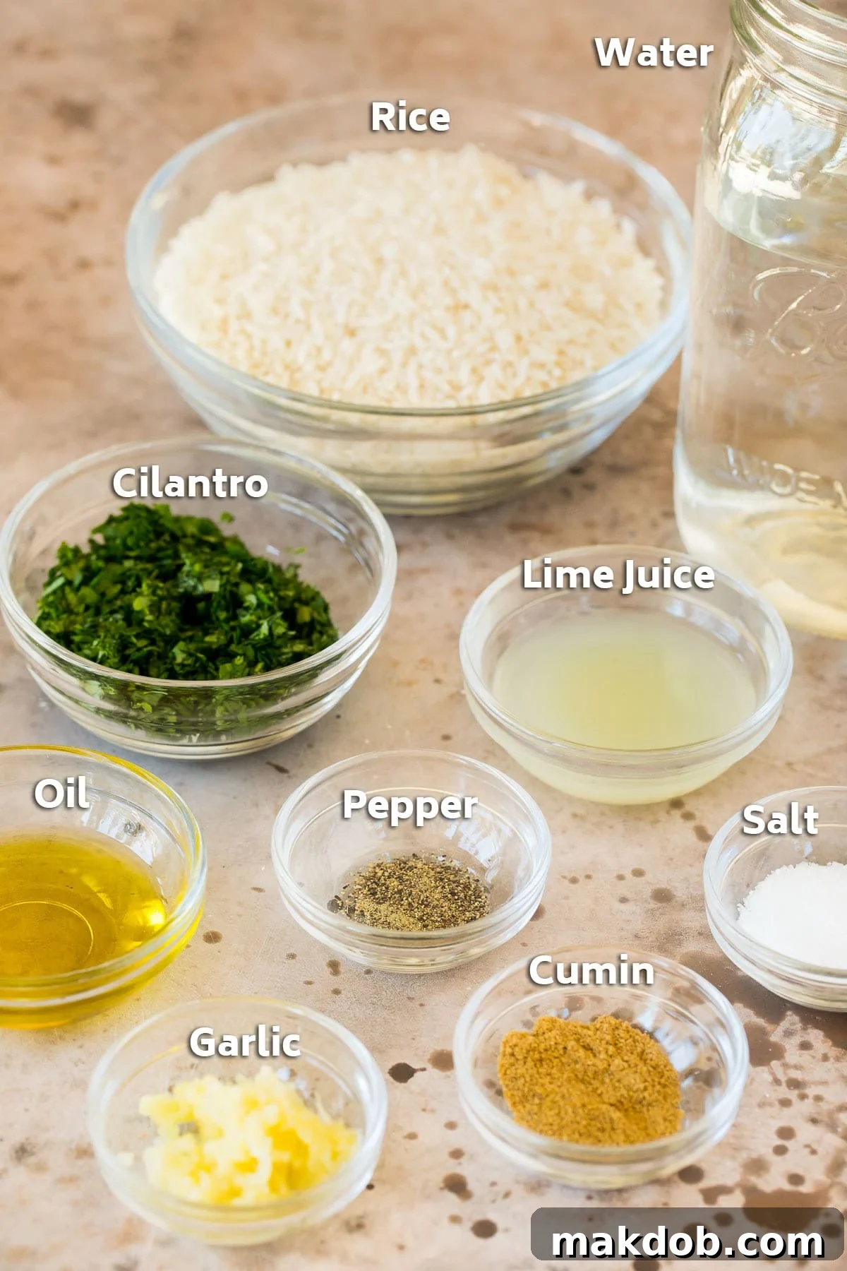 Bowls showcasing the fresh ingredients for cilantro lime rice, including long grain rice, limes, garlic, cilantro, and spices.