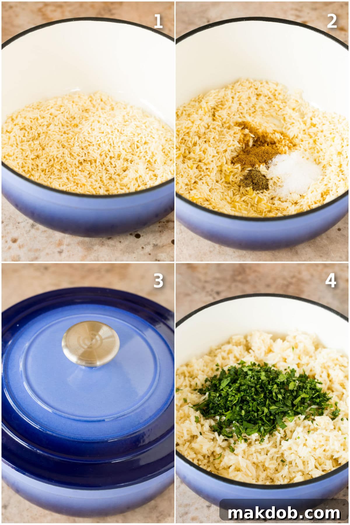 A collage of step-by-step images showing the process of cooking cilantro lime rice in a pot, from sautéing to simmering.