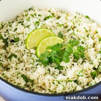 A blue pot filled with cilantro lime rice.