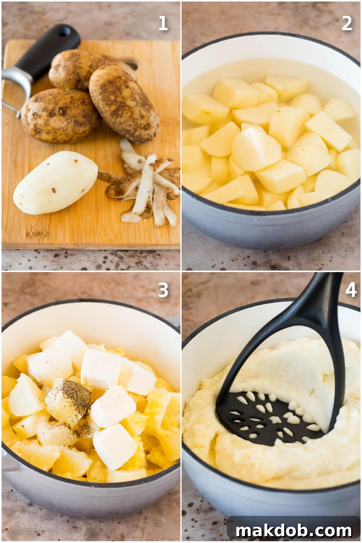 These make ahead mashed potatoes are Russet potatoes that are boiled until tender, then combined with butter, garlic, cream cheese and seasonings to make the ultimate side dish. A visual guide showing potatoes being peeled, boiled, and mashed into a creamy consistency.
