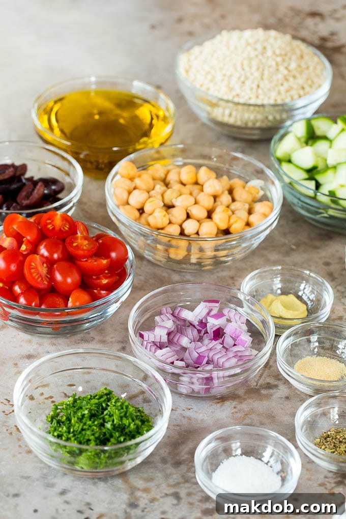 Vibrant Mediterranean Couscous Salad 3 Bowls of vegetables, chickpeas, couscous and herbs.