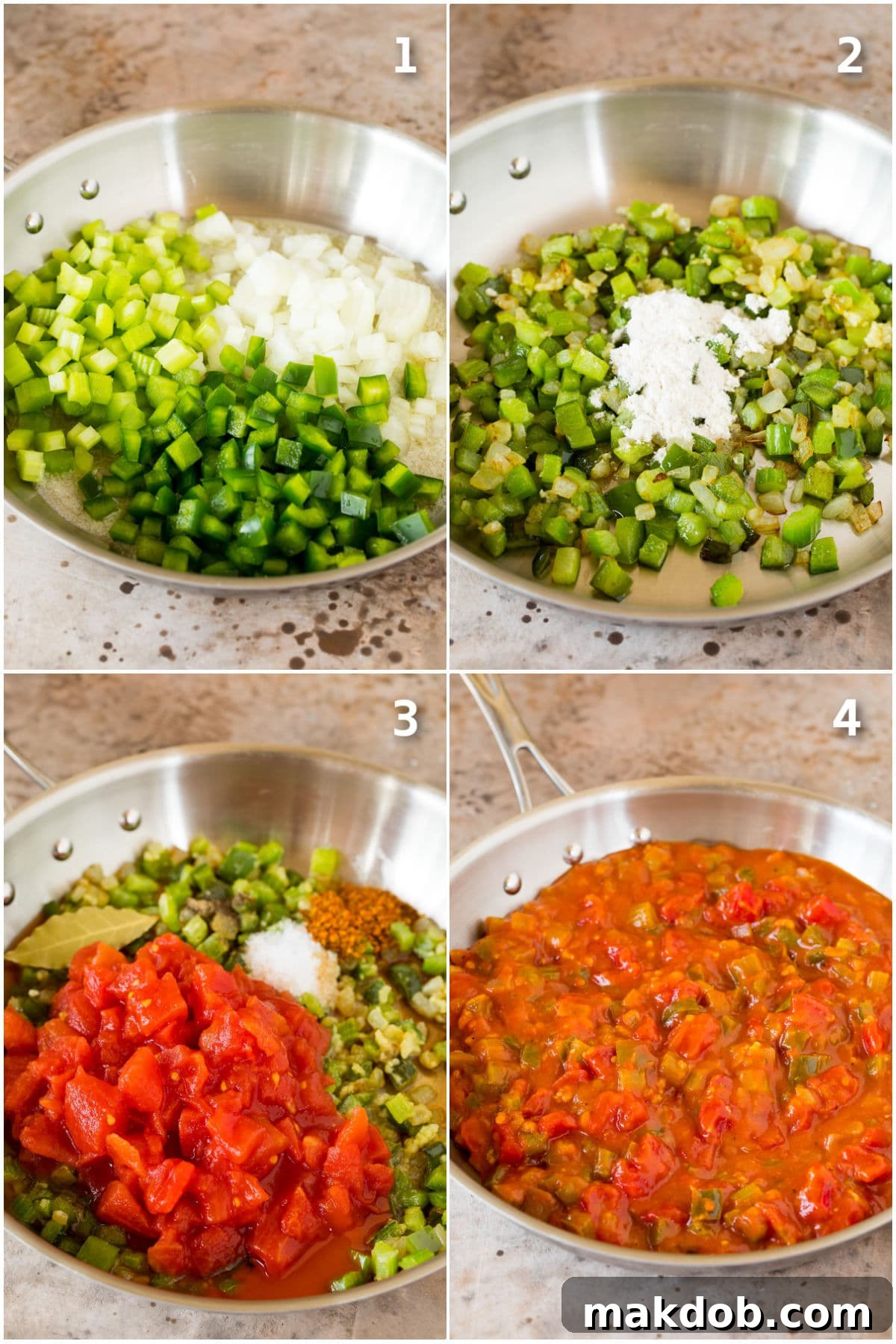 Step by step shots showing how to make Creole sauce.