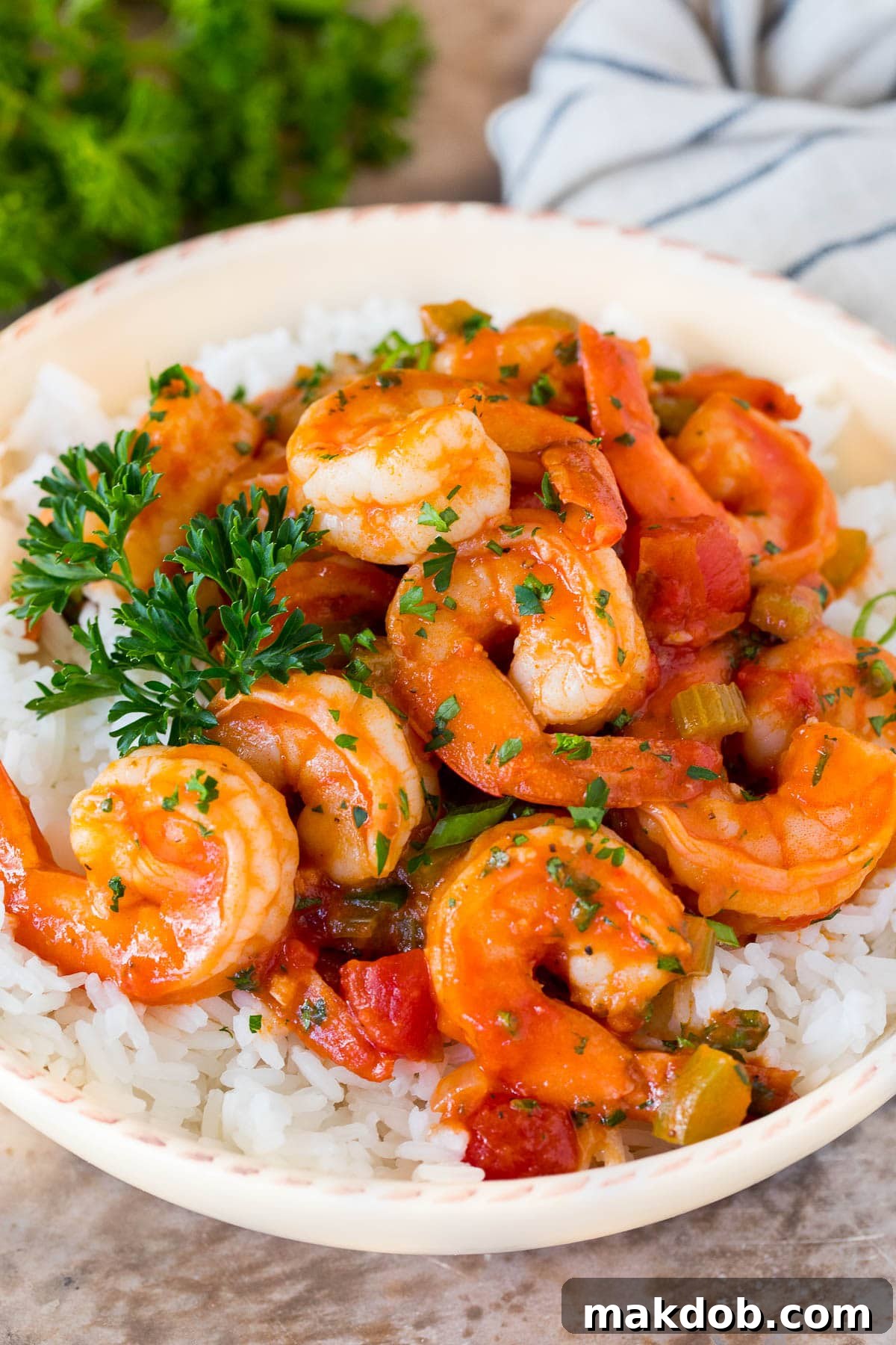 A bowl of Shrimp Creole served over rice.