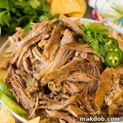 A plate of shredded Chipotle carnitas served with cilantro and chips.