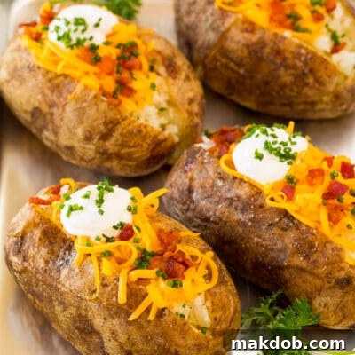 Perfectly Roasted Potatoes 7 A pan of oven baked potatoes topped with sour cream, cheese and bacon.