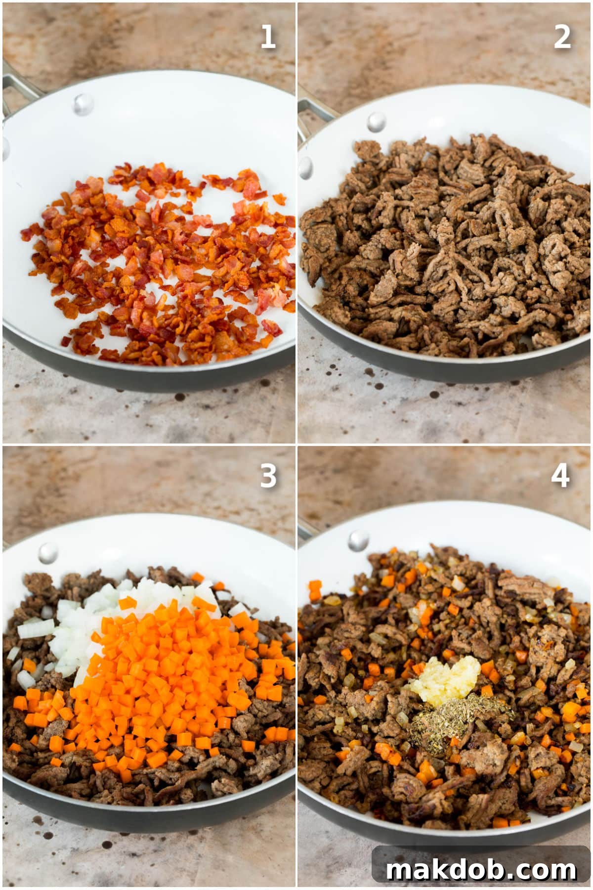 A visual collage showing the process of cooking bacon, browning ground beef, and sautéing vegetables with aromatics in a pan.