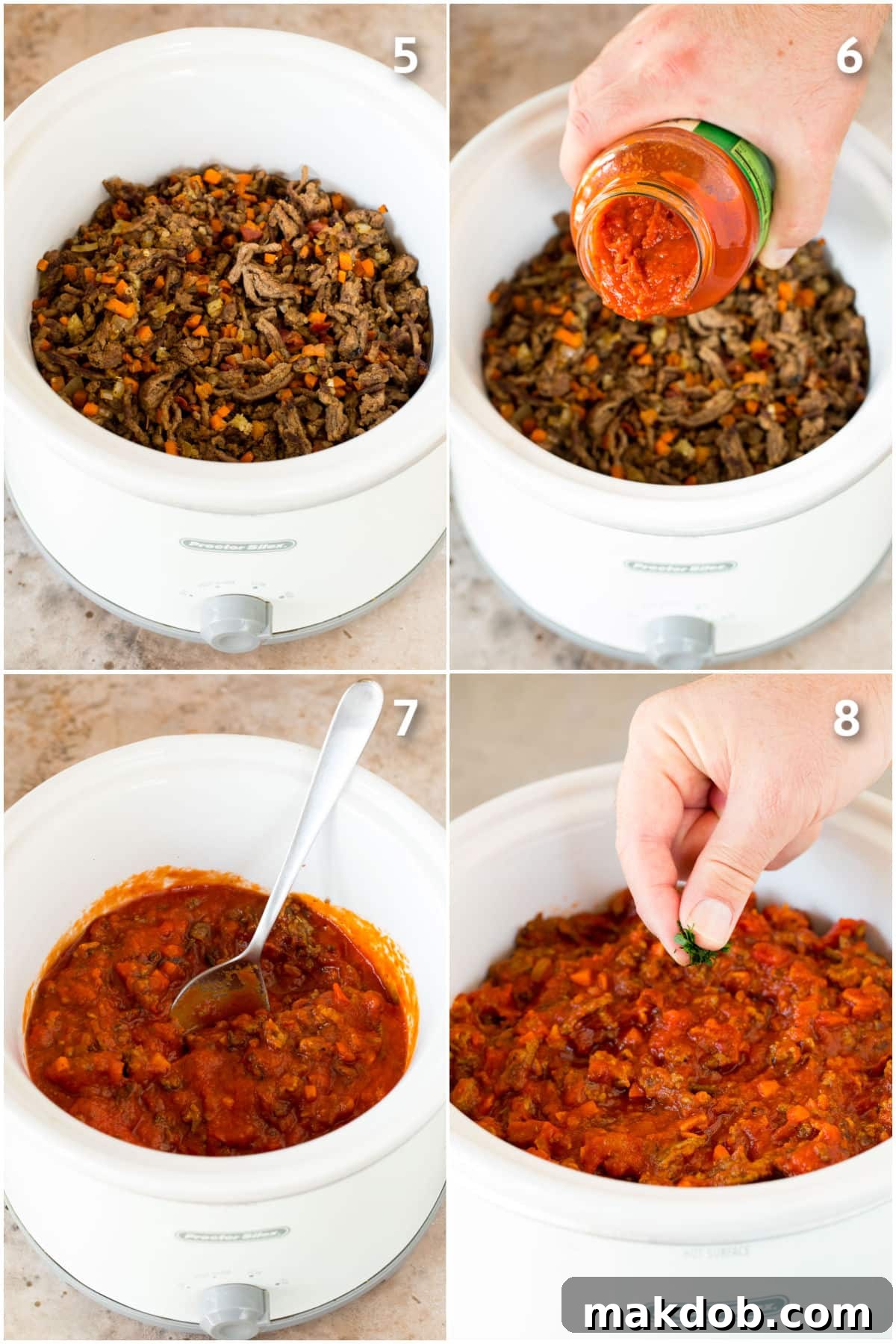 A collage displaying various steps: combining browned beef with tomato sauce in a slow cooker, stirring the mixture, and the slow cooker simmering.