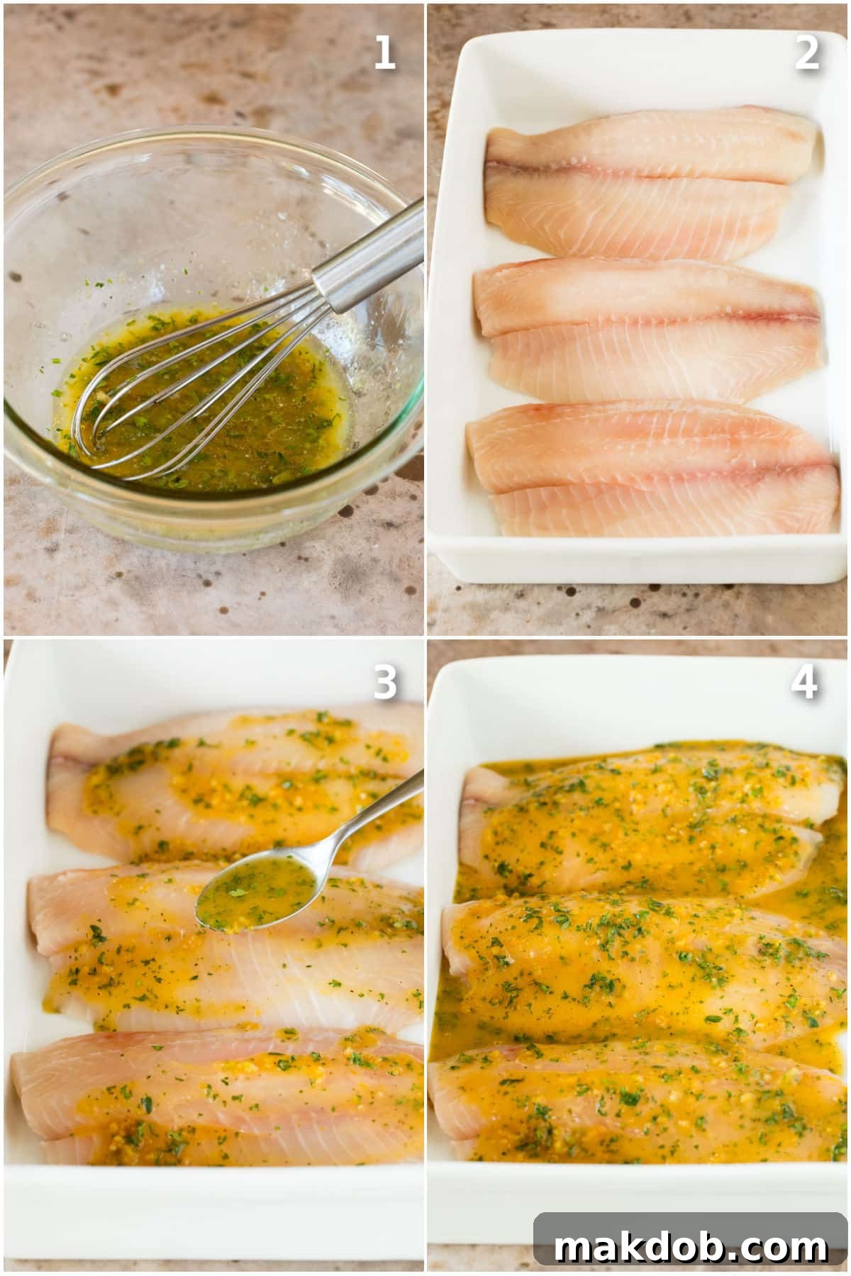 Savory Garlic Butter Tilapia Bake 4 Step by step shots showing how to make sauce and pour it over fish to be baked.