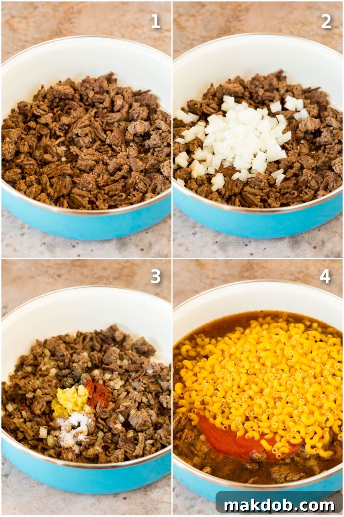 A visual collage illustrating the first steps of making homemade hamburger helper, showing ground beef browning in a pot, then mixed with onions and garlic, and finally pasta simmering in the rich tomato sauce.