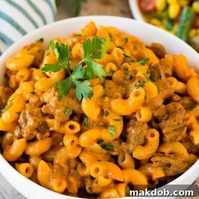 Better-Than-Box Hamburger Helper 7 A bowl of homemade hamburger helper topped with parsley.