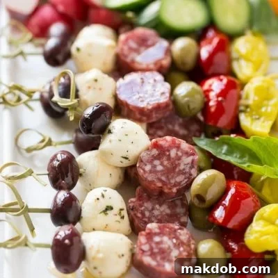 Gourmet Antipasto Sticks 2 These antipasto skewers are an assortment of italian meats, cheeses, olives and vegetables threaded onto a stick for a super easy yet elegant appetizer.