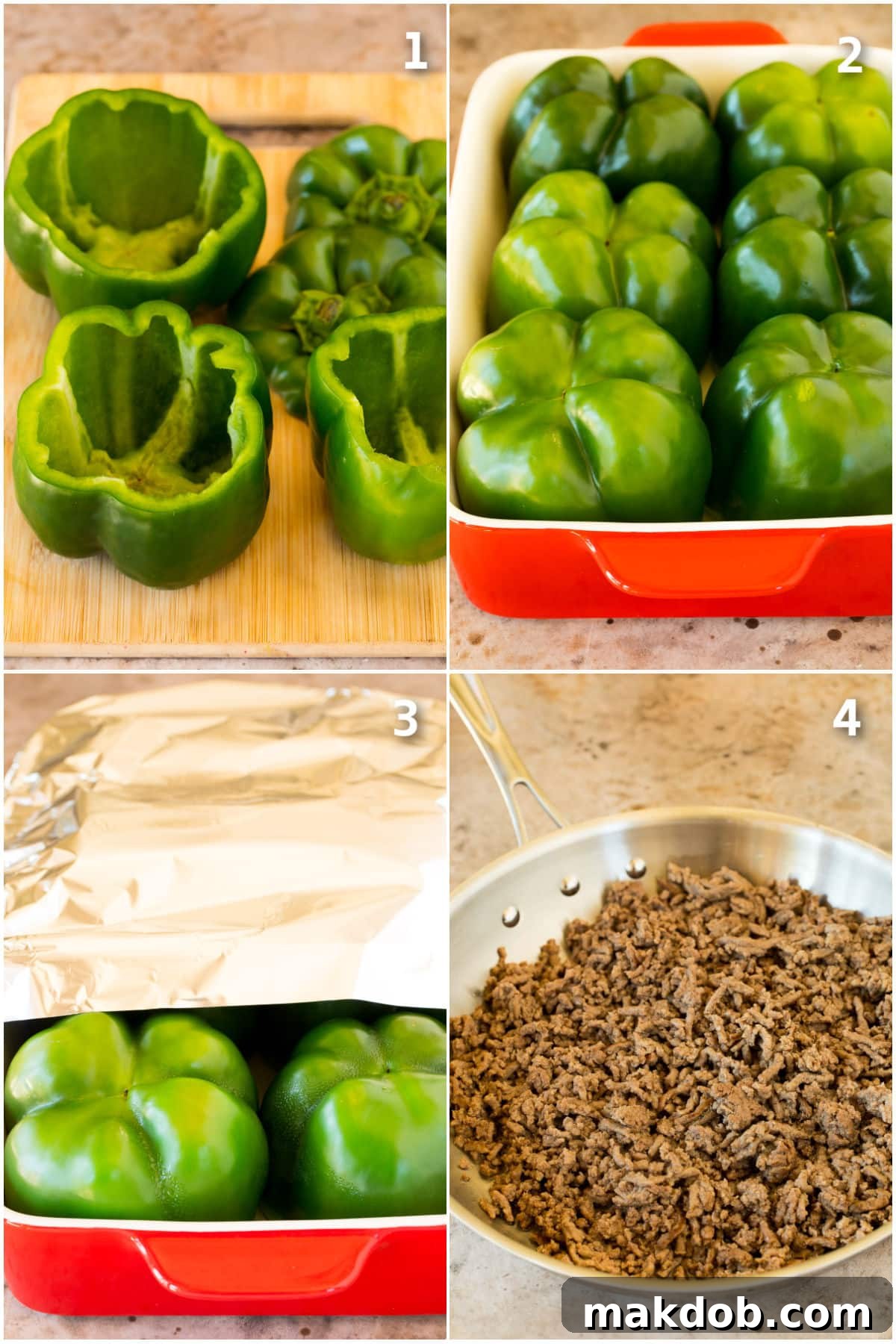 Step-by-step photos illustrating how to prepare bell peppers, brown ground meat, and cook the filling mixture.