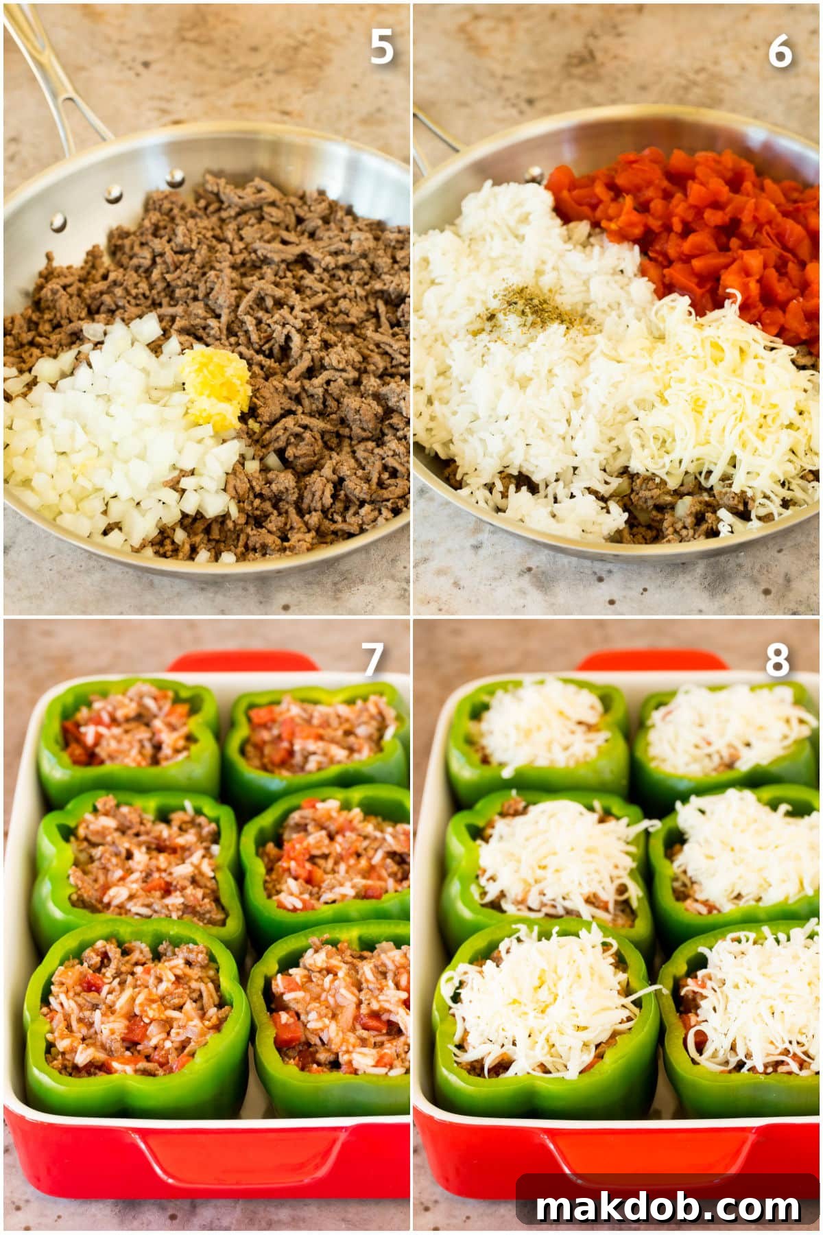 Two process shots: one showing the seasoned ground beef and rice mixture cooking in a pan, and another of the mixture being carefully scooped into hollowed-out bell peppers.