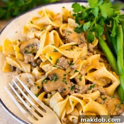 Creamy Ground Beef Stroganoff Comfort 7 A plate of ground beef stroganoff served with green beans.